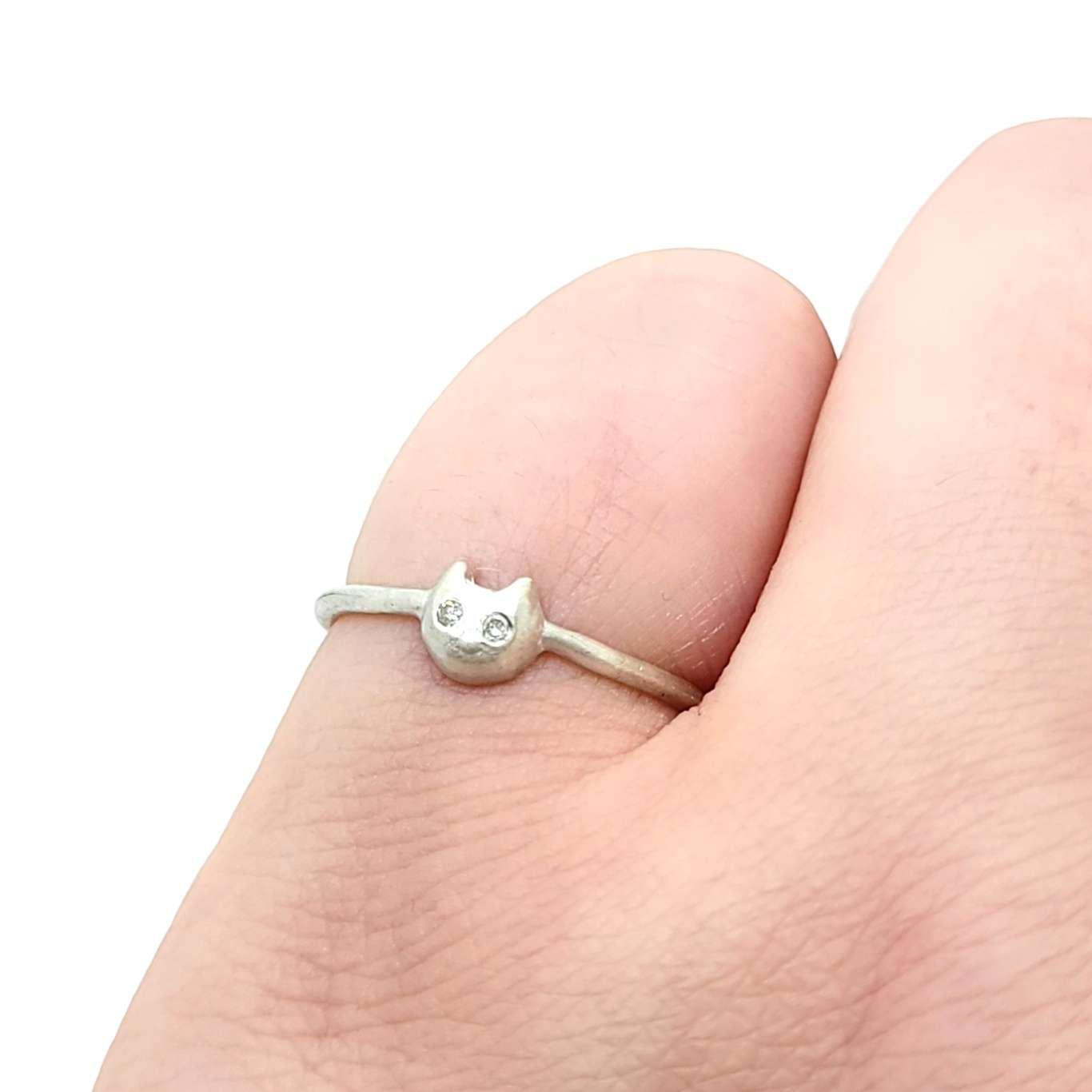 Ring - Diamond-Eyed Tiny Kitten Face in Sterling Silver by Michelle Chang