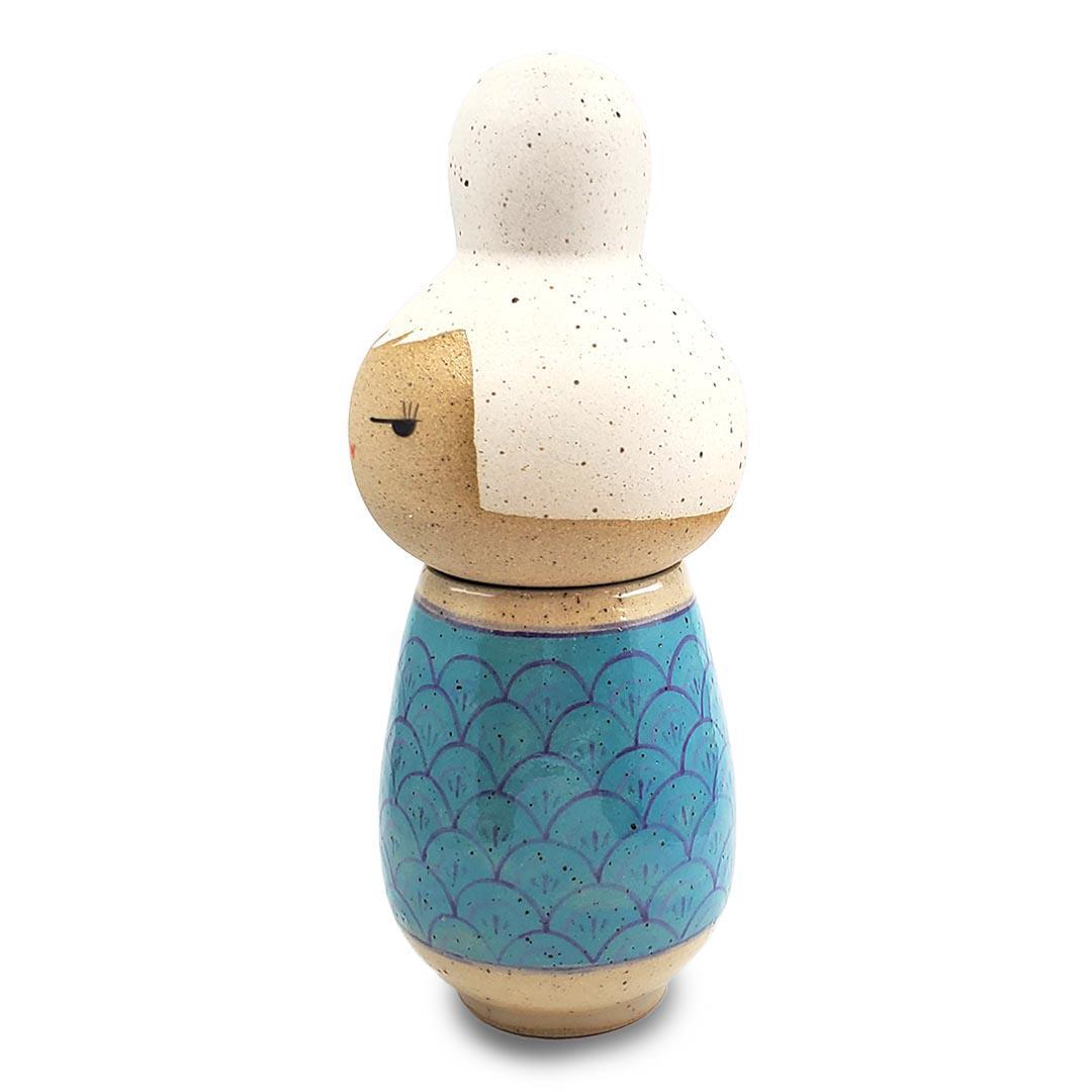 Kokeshi Jar - Small - Side Eye (White Hair, Turquoise Scallops) by Jennifer Fujimoto