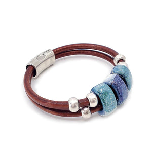 Bracelet - Hummingbird in Tobacco Leather with Silver and Ceramic by Diana Kauffman Designs