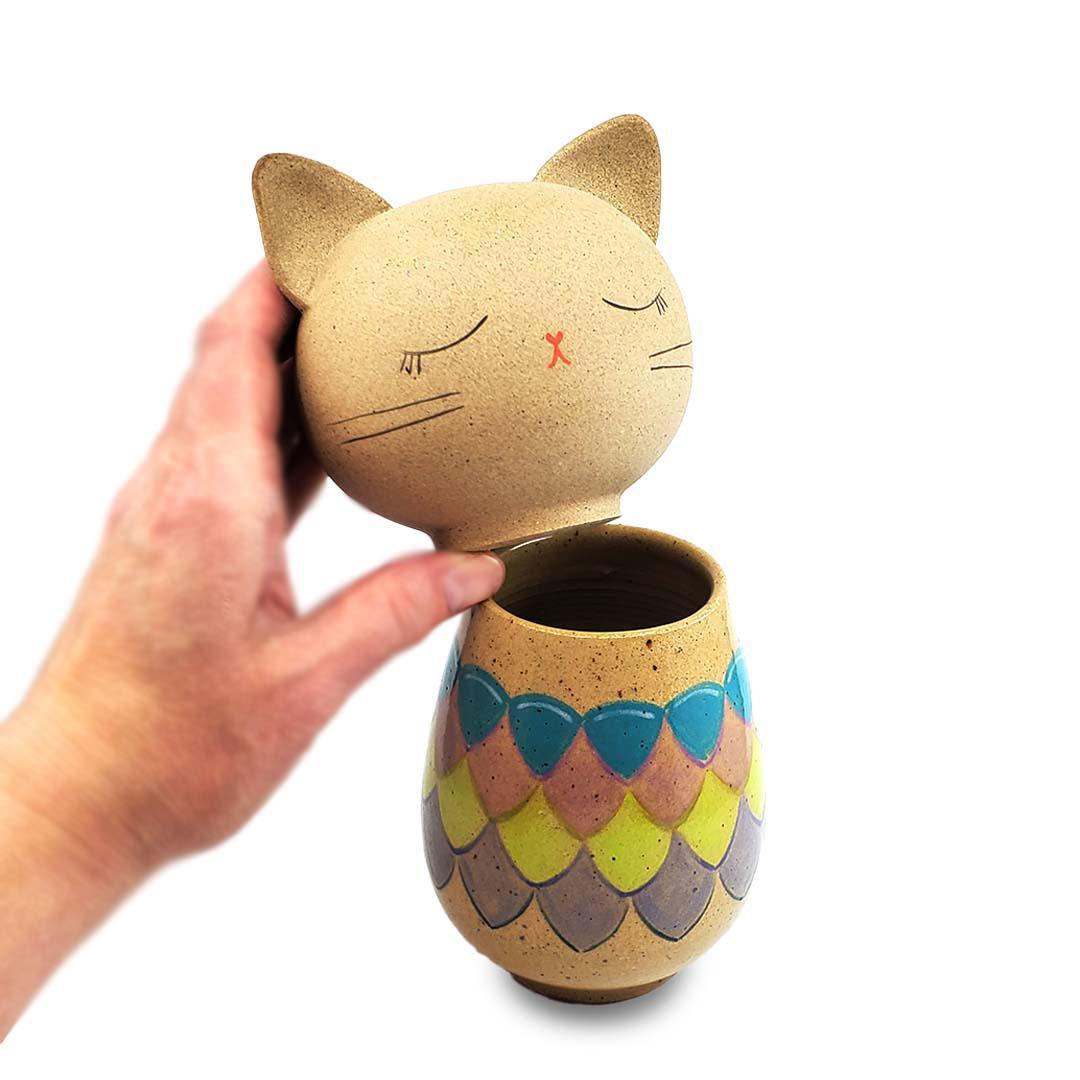 Kokeshi Jar - Small - Peaceful Kitty Cat (Colorful Scales) by Jennifer Fujimoto