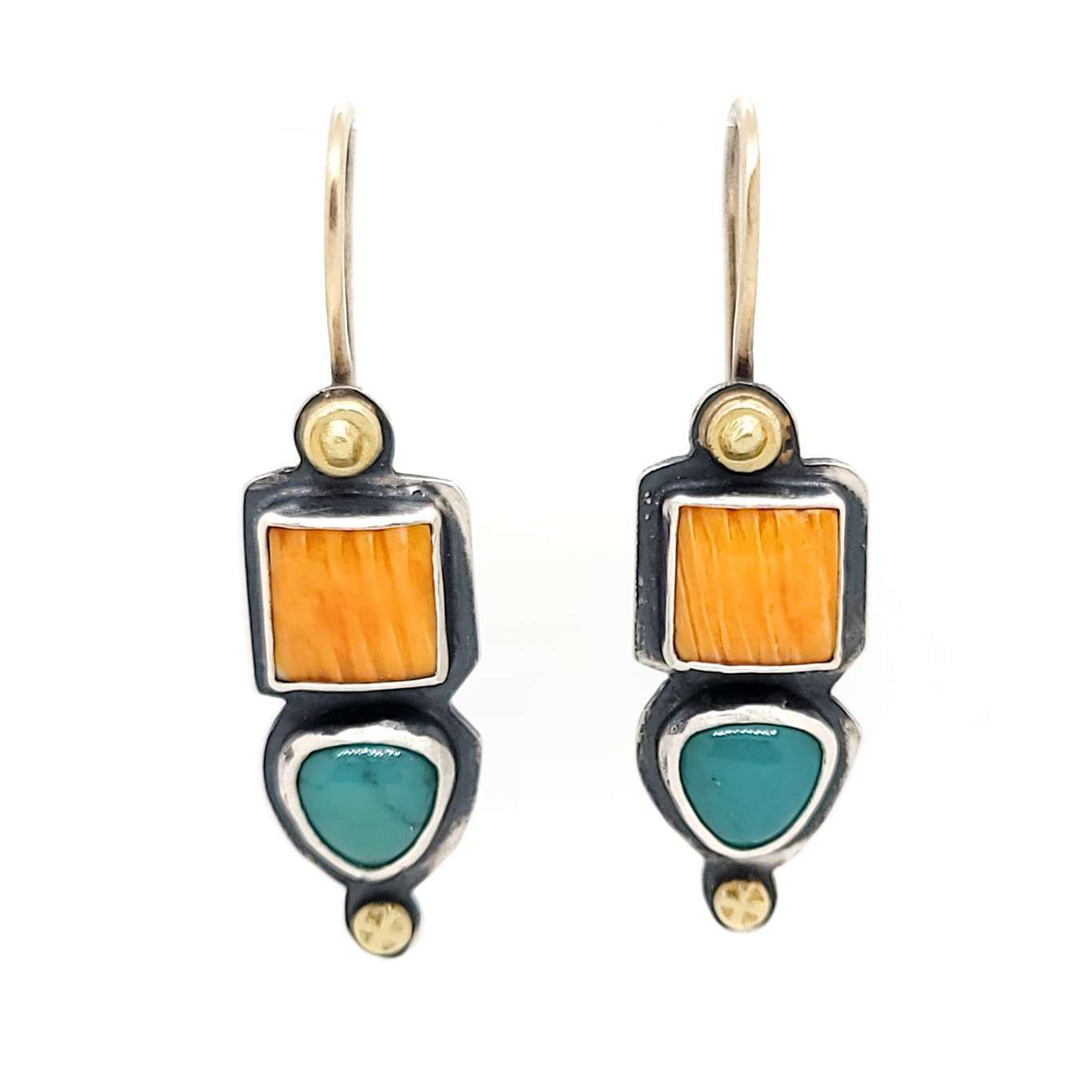 Earrings - Talking Stone in 14k Gold and Sterling with Spiny Oyster and Gem Silica by Allison Kallaway