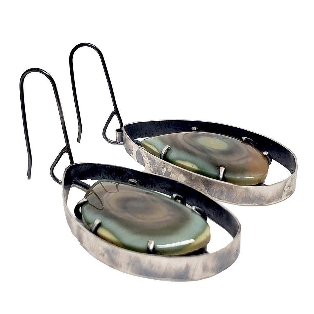 Earrings - Wayfinder Green Pink Imperial Jasper in Oxidized Sterling by Three Flames Silverworks