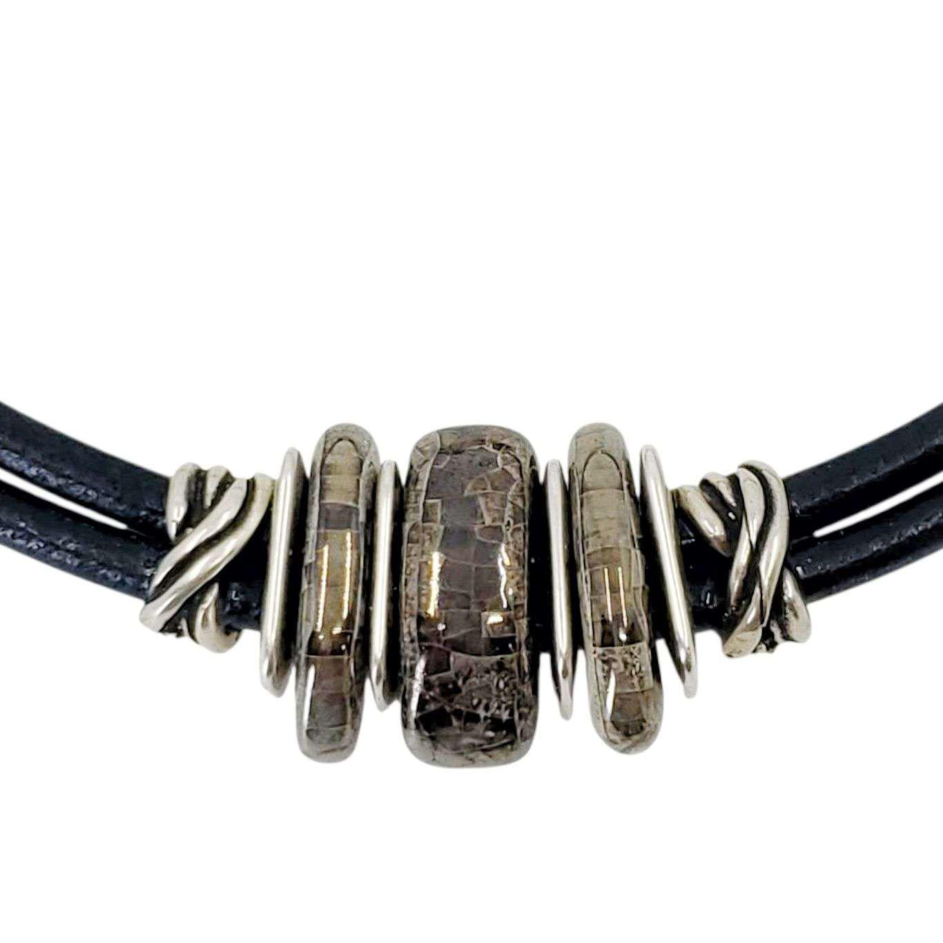 Necklace - Storm (Gray Ceramic, Black Leather, Silver) by Diana Kauffman