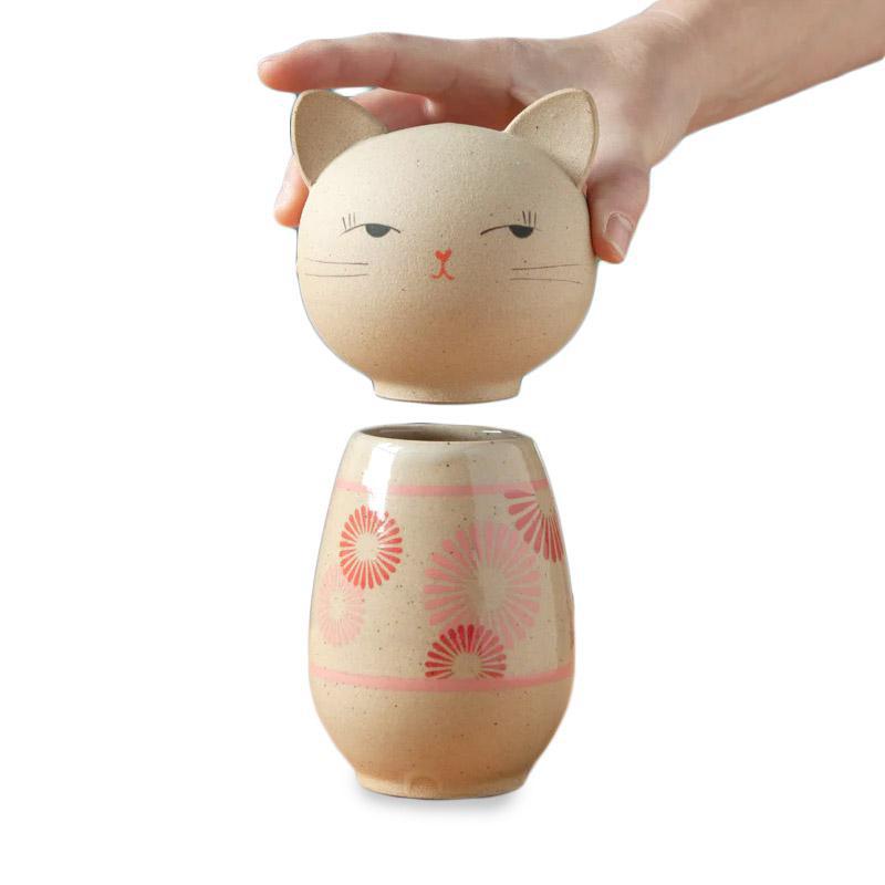 Kokeshi Kitty Jar - Pink Kiku Chrysanthemum by Jennifer Fujimoto