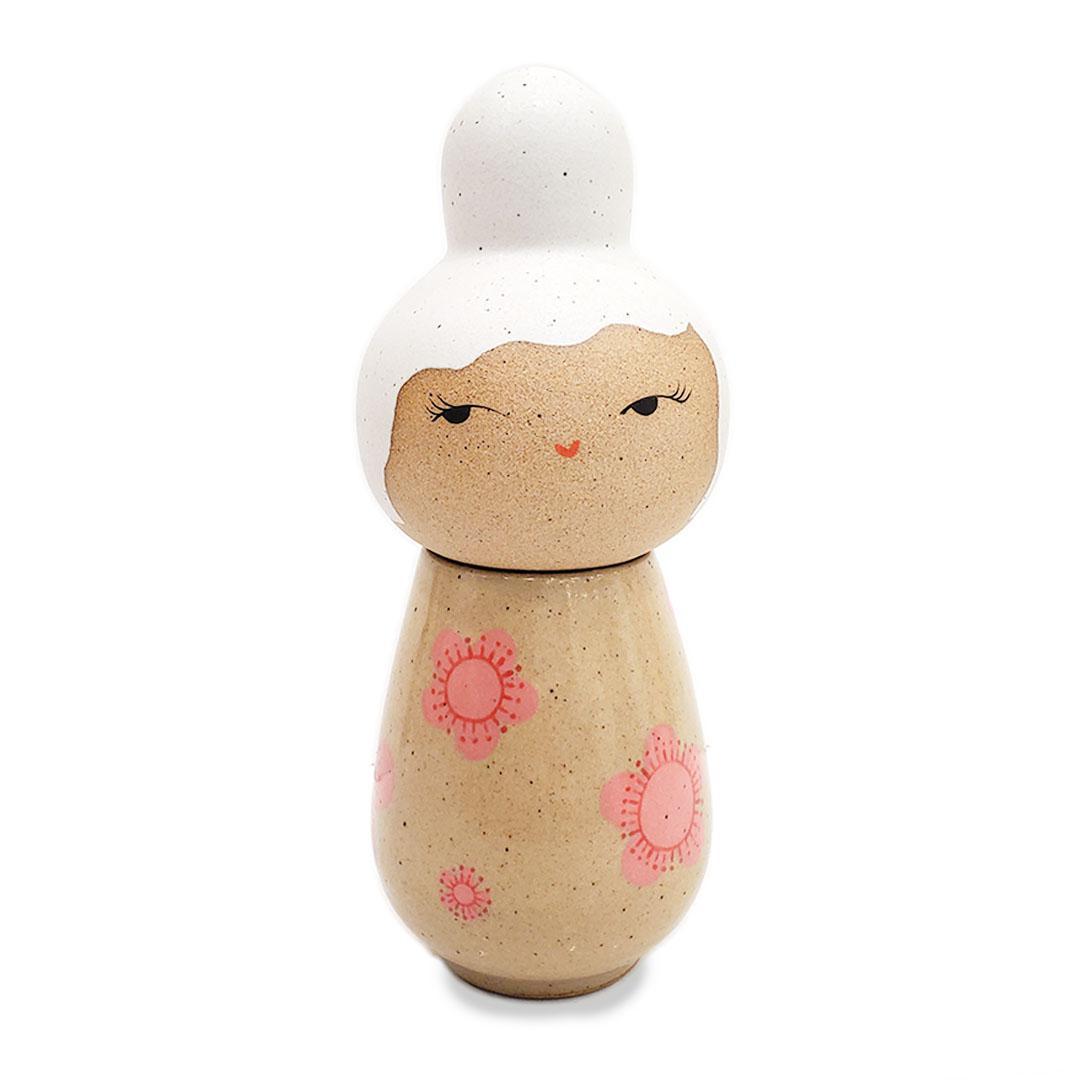 Kokeshi Jar - Small - Coy (White Updo, Pink Floral) by Jennifer Fujimoto