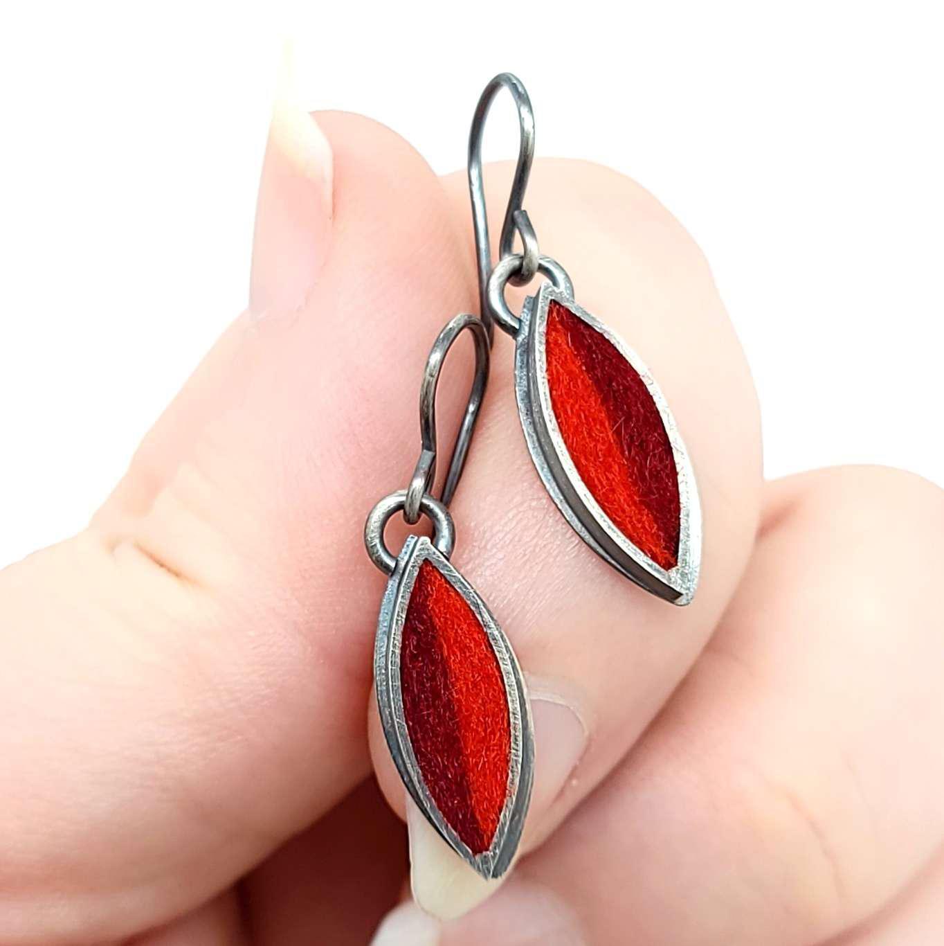 Earrings - Small Single Leaf Drops in Cranberry and Persimmon by Michele A. Friedman