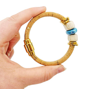 Bracelet - Sorrento Blue (Cork on Leather, Gold, Ceramic) by Diana Kauffman Designs