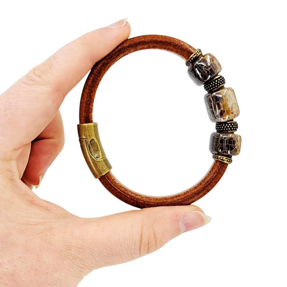 Bracelet - River Rock (Tobacco Leather, Brass, Ceramic) by Diana Kauffman Designs
