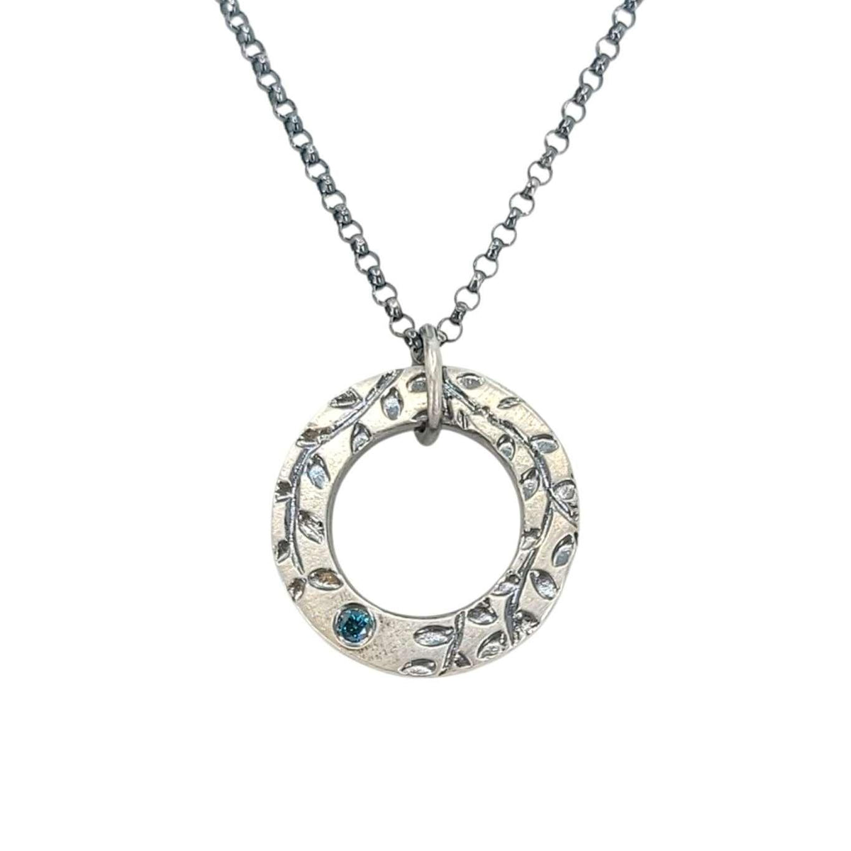 Necklace - Vine Textured Reversible Circle Pendant (Blue Diamond, Sterling Silver) by Taviametal