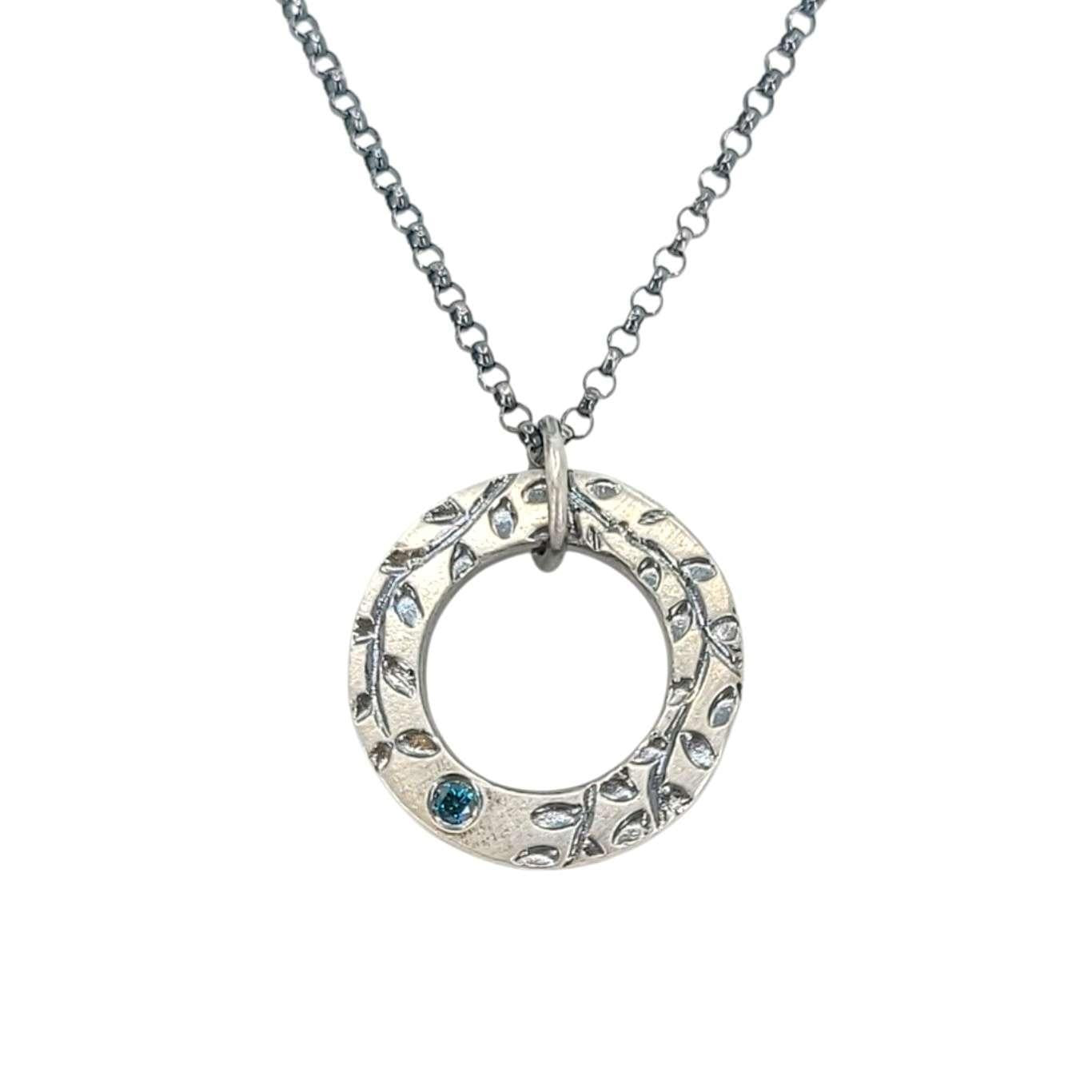 Necklace - Vine Textured Reversible Circle Pendant (Blue Diamond, Sterling Silver) by Taviametal