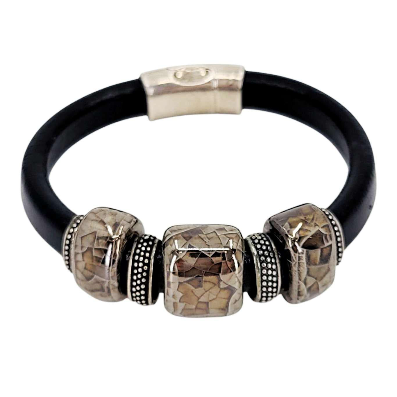 Bracelet - Storm (Black Leather, Silver, Ceramic) by Diana Kauffman Designs