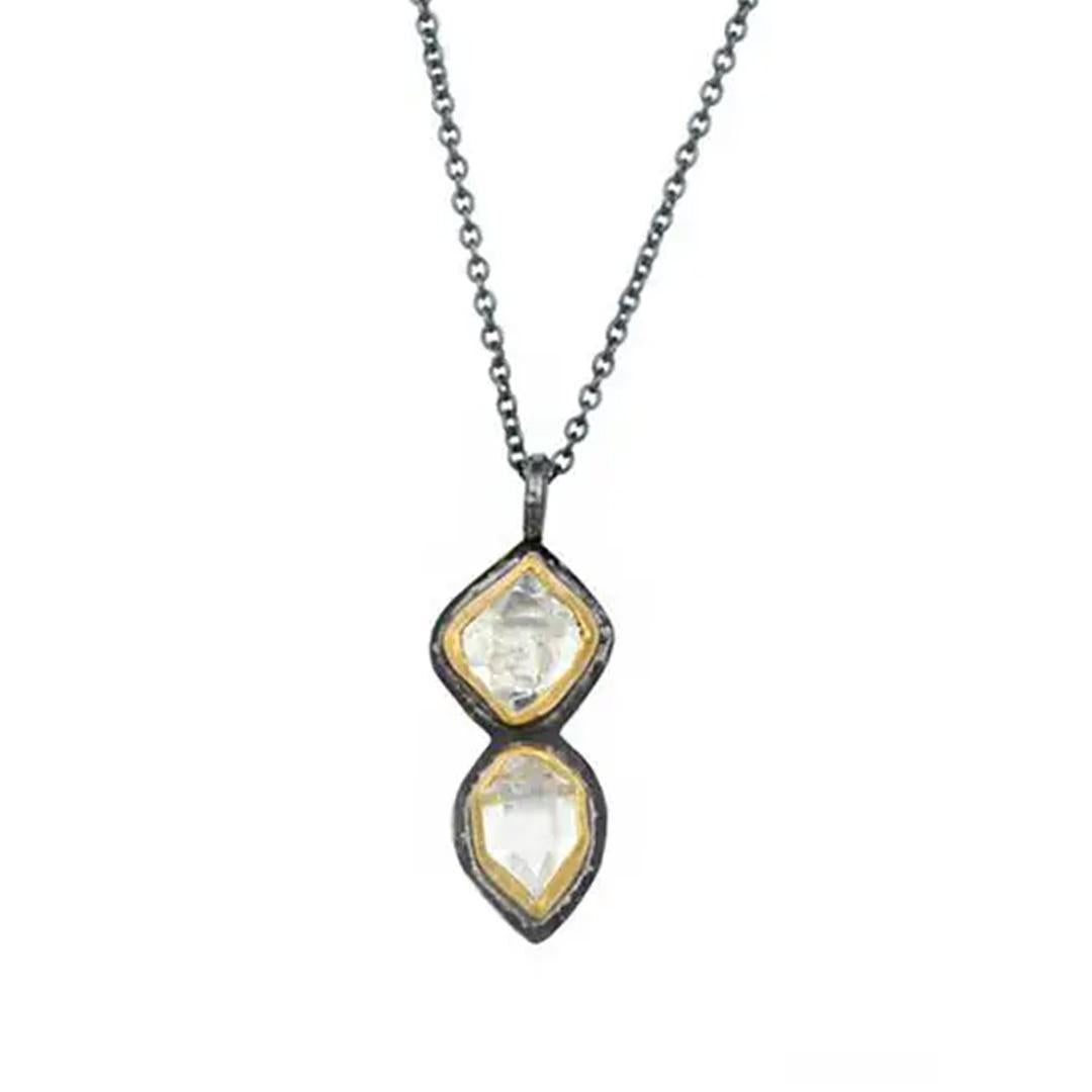 Necklace - Glacier Double Vertical Herkimer in 22k Yellow Gold and Oxidized Sterling Silver by Stórica Studio
