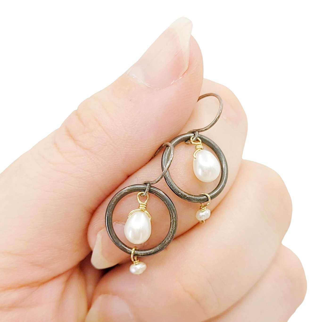 Earrings - Pearl Ring Dangle (Oxidized Sterling Silver) by Calliope Jewelry