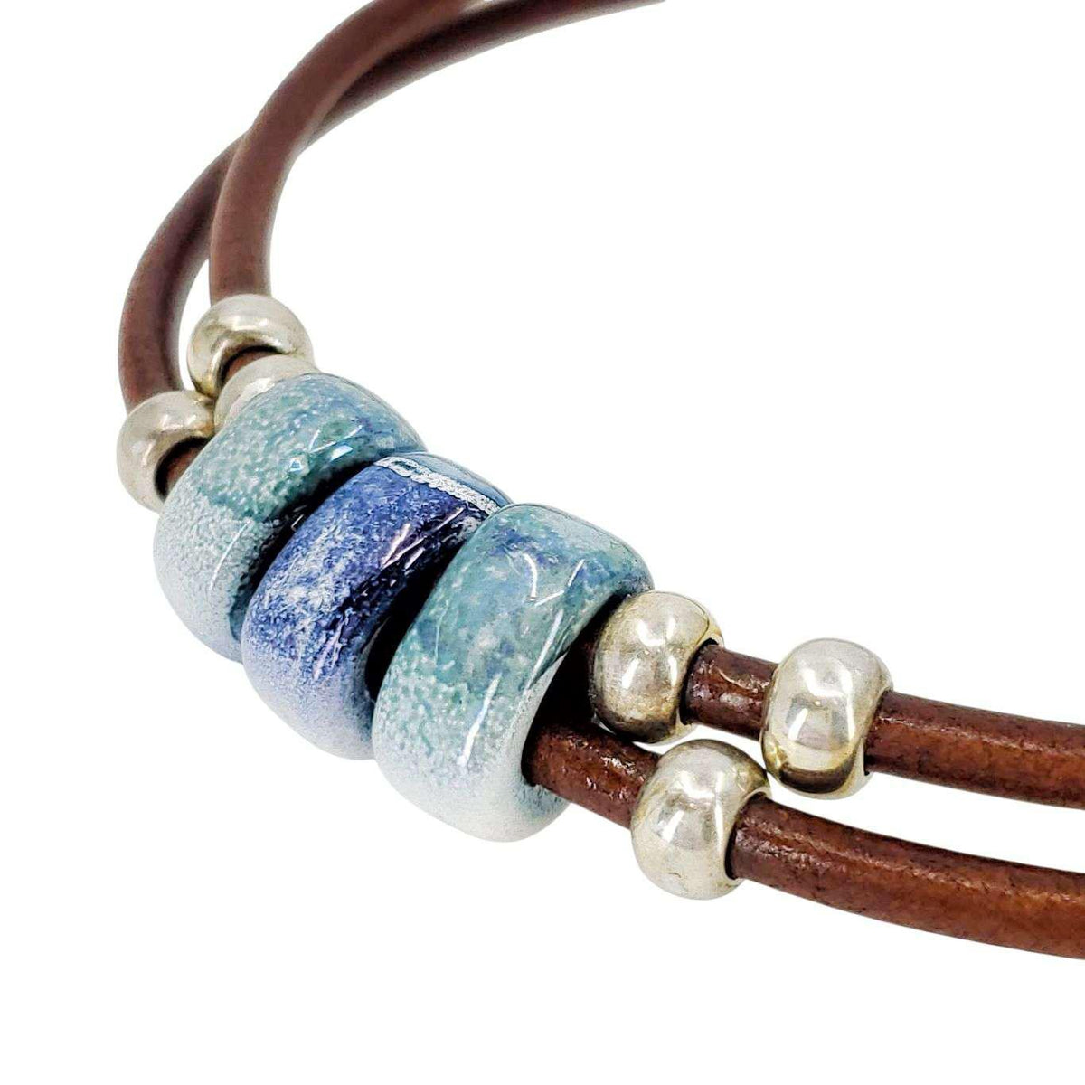 Necklace - Hummingbird (Blue Green Ceramic, Tobacco Leather, Silver) by Diana Kauffman