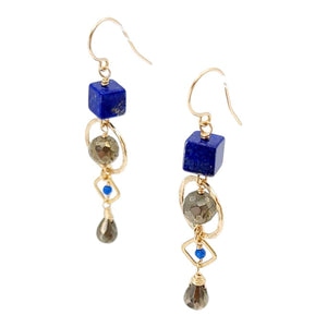 Earrings - Gold and Gemstone Mixed Shapes (Lapis Lazuli, Pyrite) by Calliope Jewelry