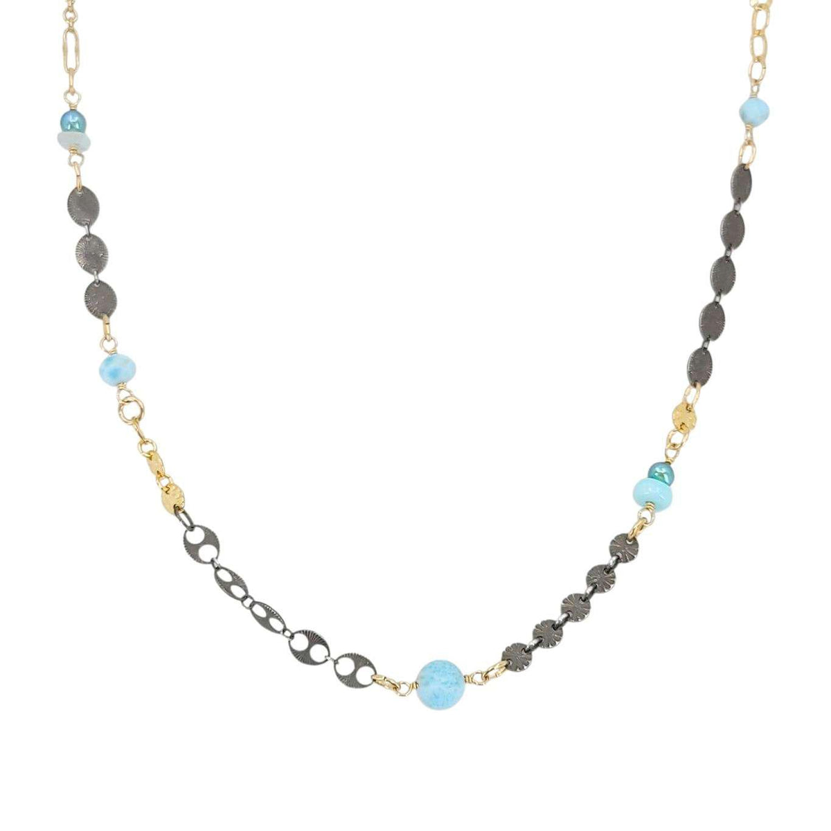 Necklace - Decorated Mixed Chain (Larimar, Aquamarine, Pearl) by Calliope Jewelry
