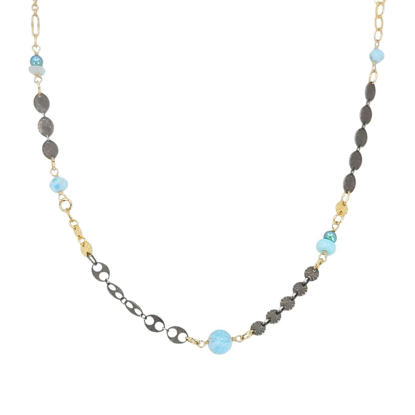 Necklace - Decorated Mixed Chain (Larimar, Aquamarine, Pearl) by Calliope Jewelry