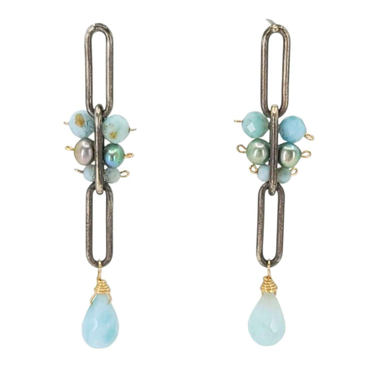 Earrings - Long Chain Post Dangles (Larimar, Pearl) by Calliope Jewelry