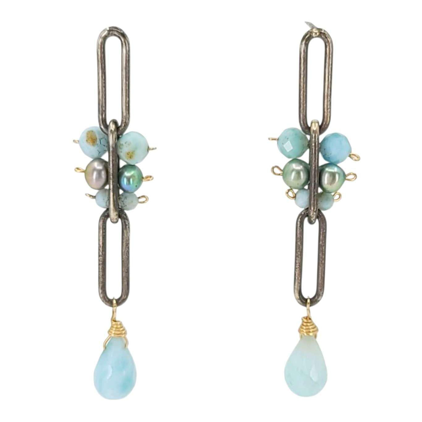 Earrings - Long Chain Post Dangles (Larimar, Pearl) by Calliope Jewelry