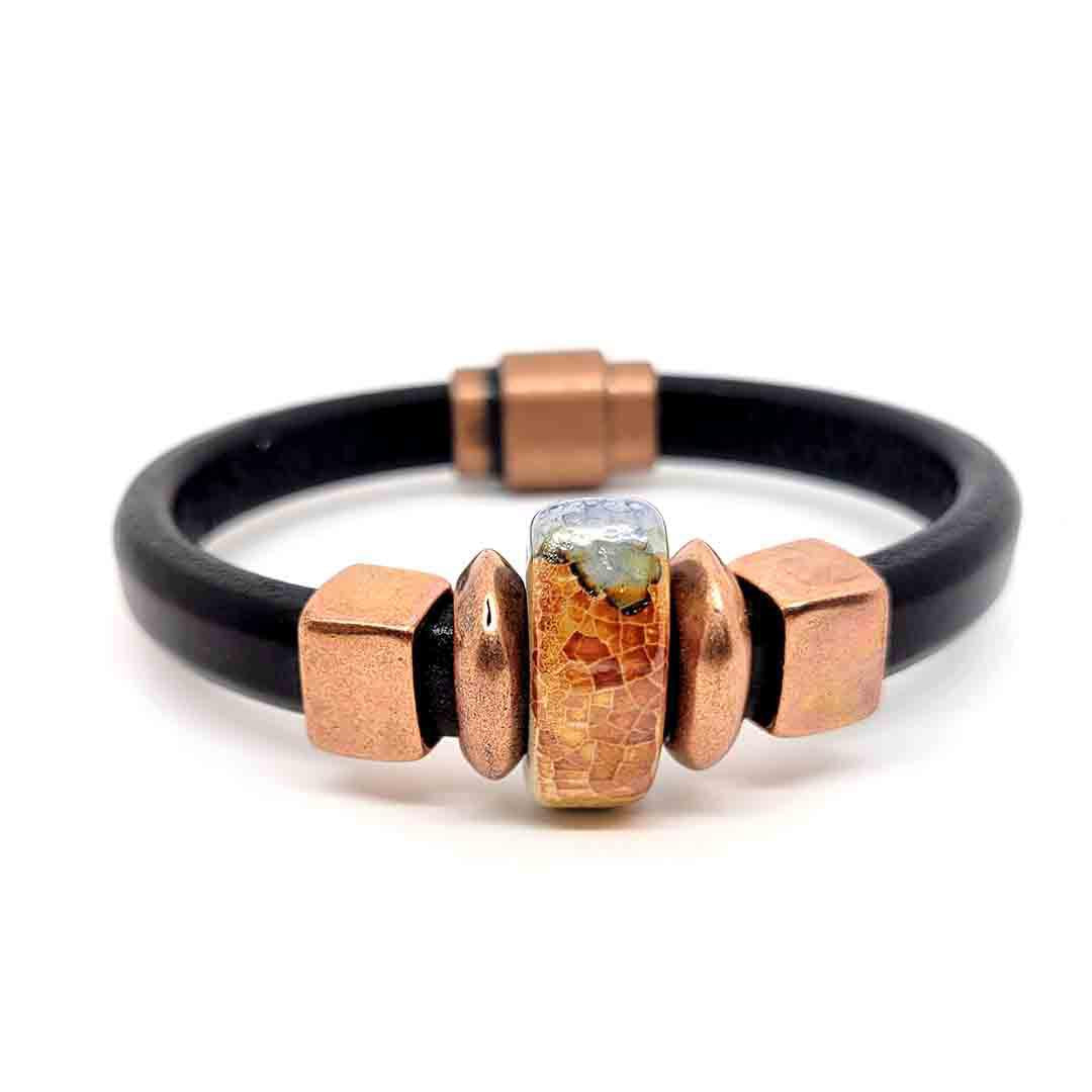 Bracelet - Midnight Sun in Black Leather with Copper and Ceramic by Diana Kauffman Designs