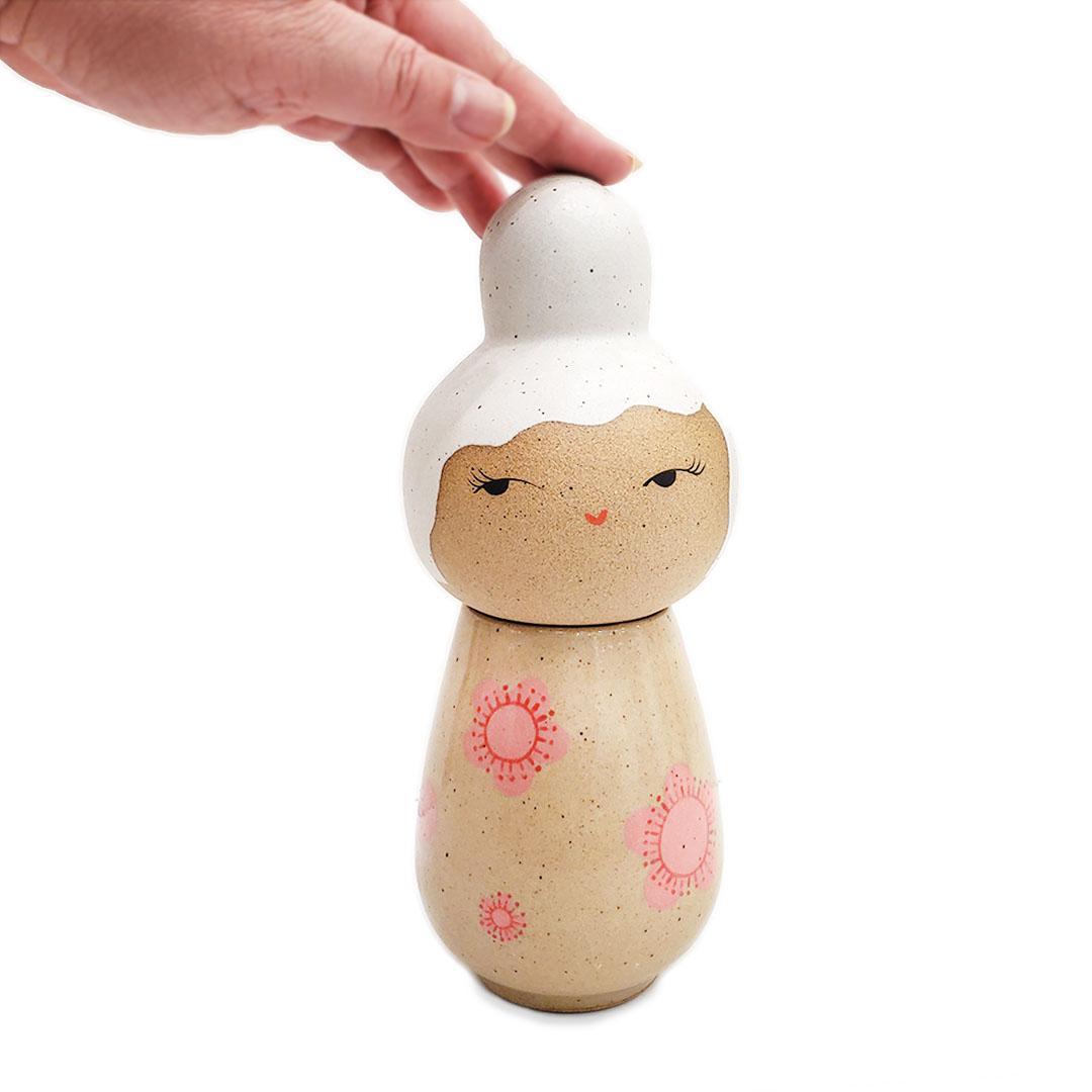 Kokeshi Jar - Small - Coy (White Updo, Pink Floral) by Jennifer Fujimoto