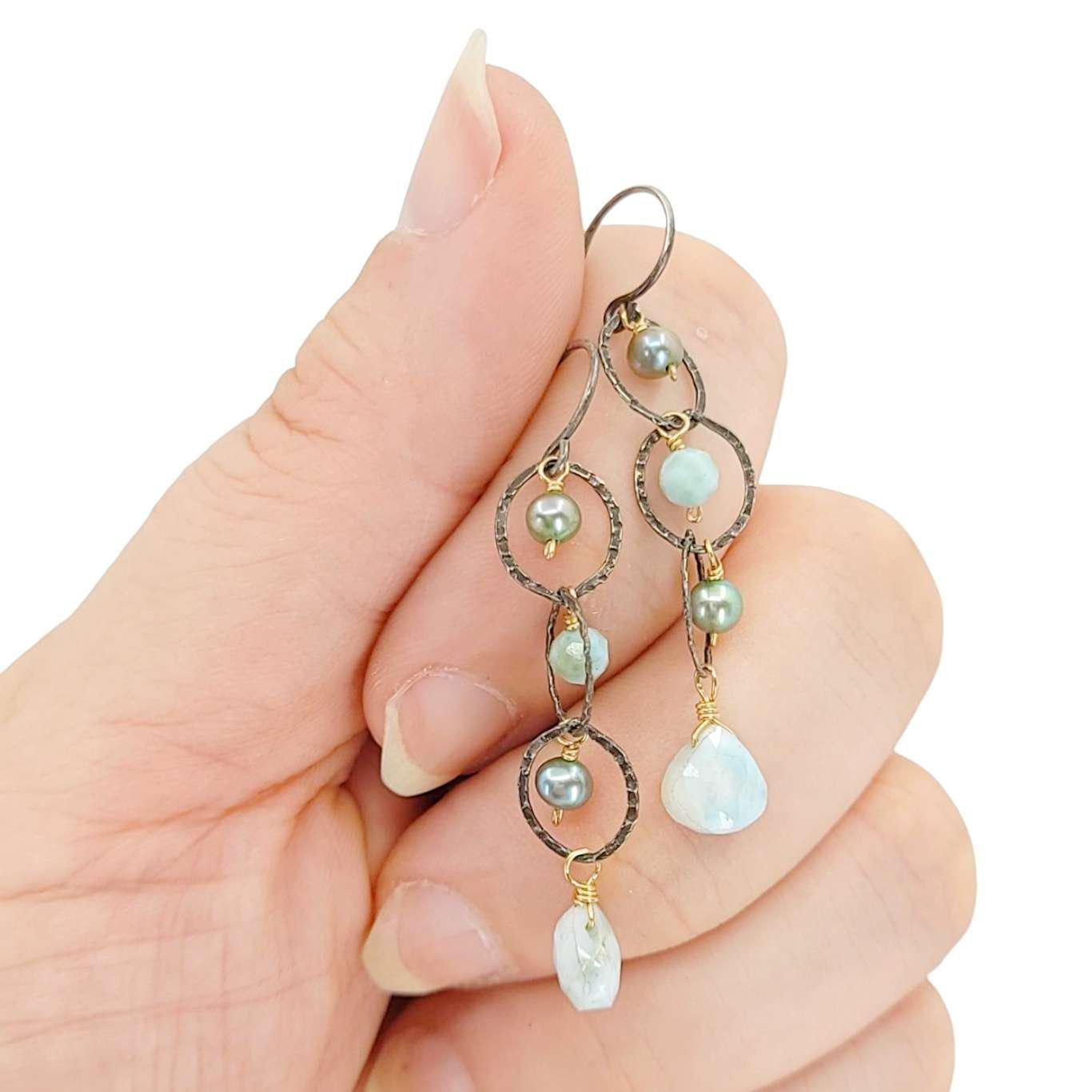 Earrings - Triple Circle Chain Dangles (Larimar, Pearl) by Calliope Jewelry