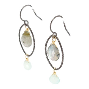 Earrings - Textured Oval with Floating Gem Dangles (Labradorite, Chalcedony) by Calliope Jewelry