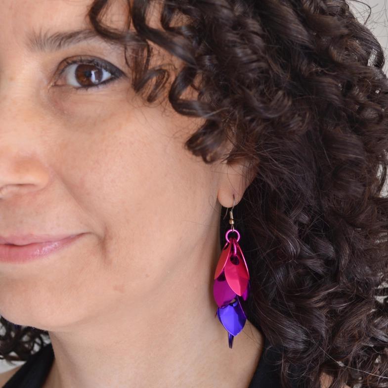 Earrings - Long Feather Cascade (Petunia) by Rebeca Mojica