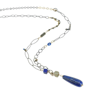 Necklace - Long Mixed Chain Pendant (Lapis Lazuli, Pyrite) by Calliope Jewelry