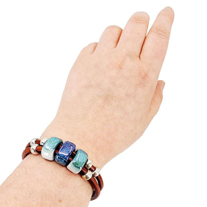 Bracelet - Hummingbird (Tobacco Leather, Silver, Ceramic) by Diana Kauffman Designs