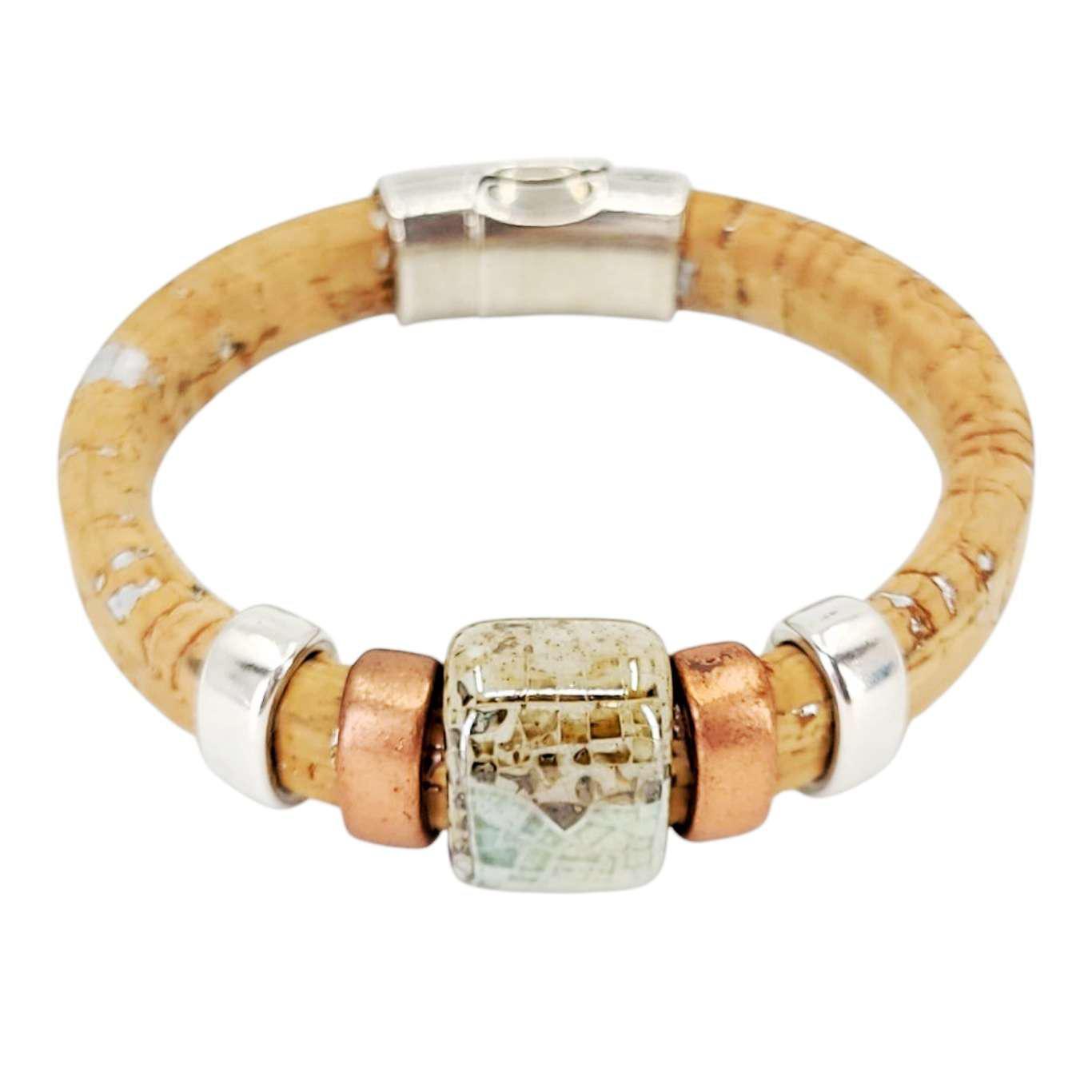 Bracelet - Surf and Sand (Cork on Leather, Mixed Metals, Ceramic) by Diana Kauffman Designs