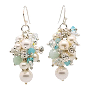 Earrings - Aquamarine and White Pearl and Crystal Clusters by Sugar Sidewalk