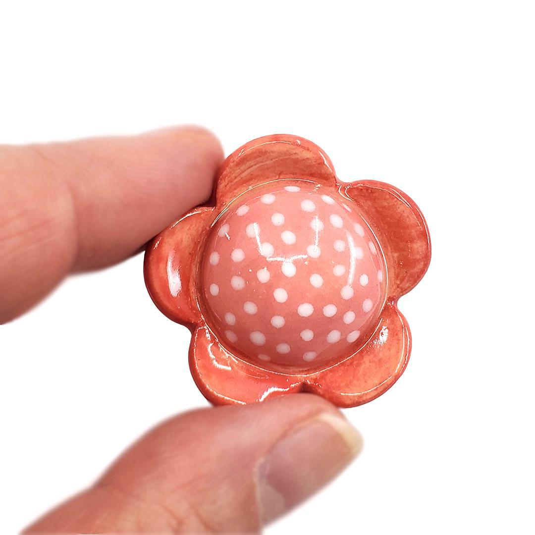 Ceramic Pin - Flower Dark and Light Pink with White Dots by Jennifer Fujimoto