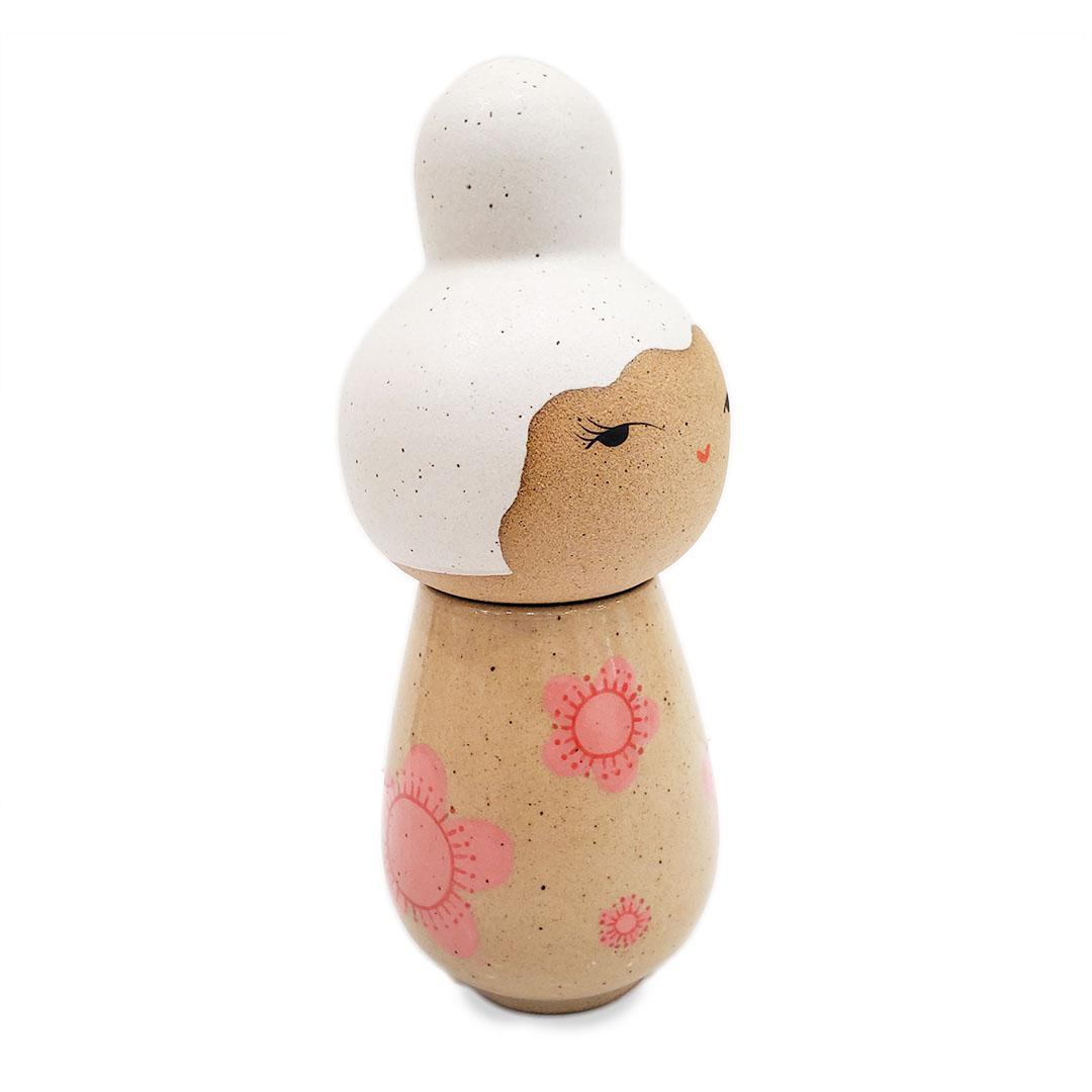 Kokeshi Jar - Small - Coy (White Updo, Pink Floral) by Jennifer Fujimoto
