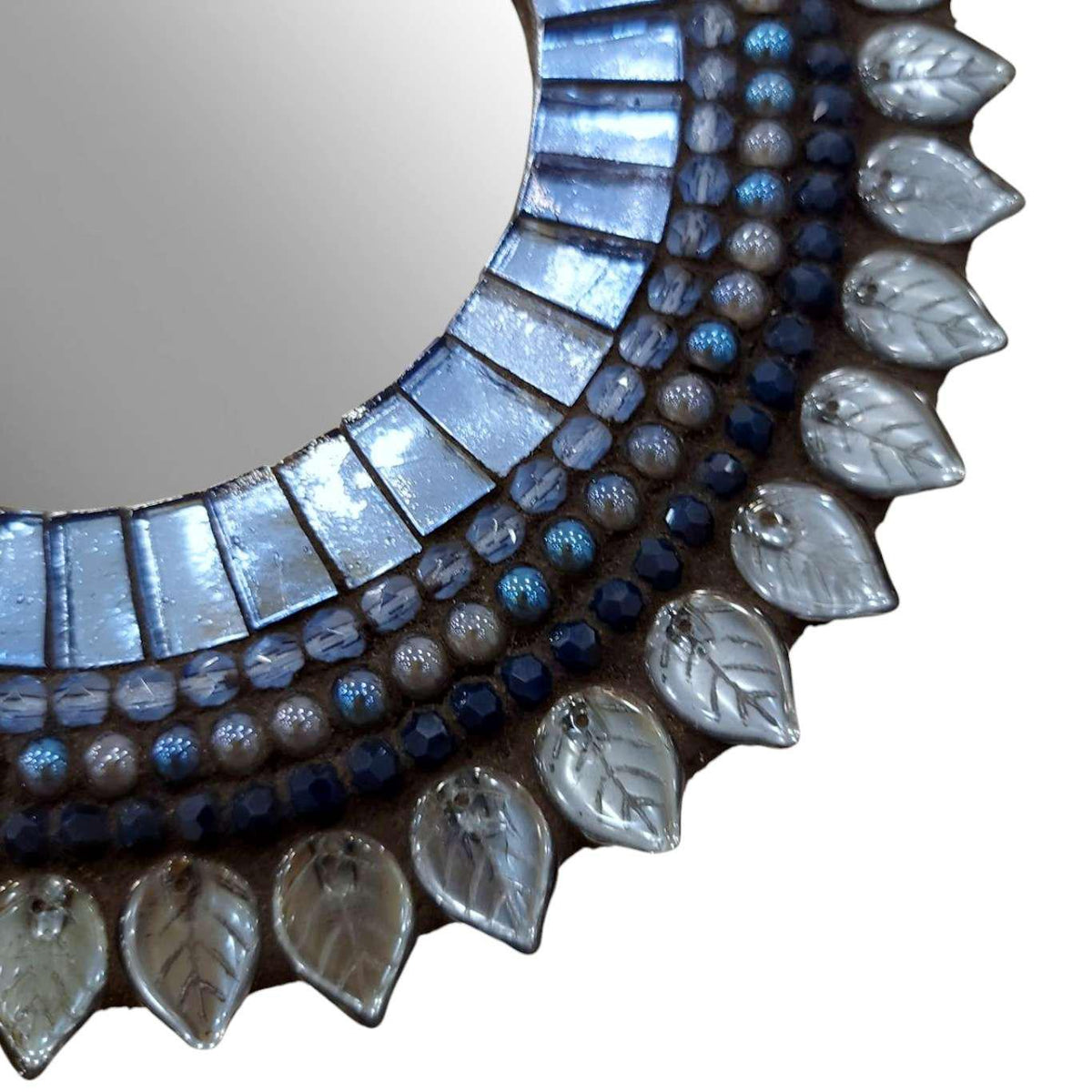 Mosaic Mirror - 7in Round (Denim Leaf) by Zetamari Mosaic Artworks