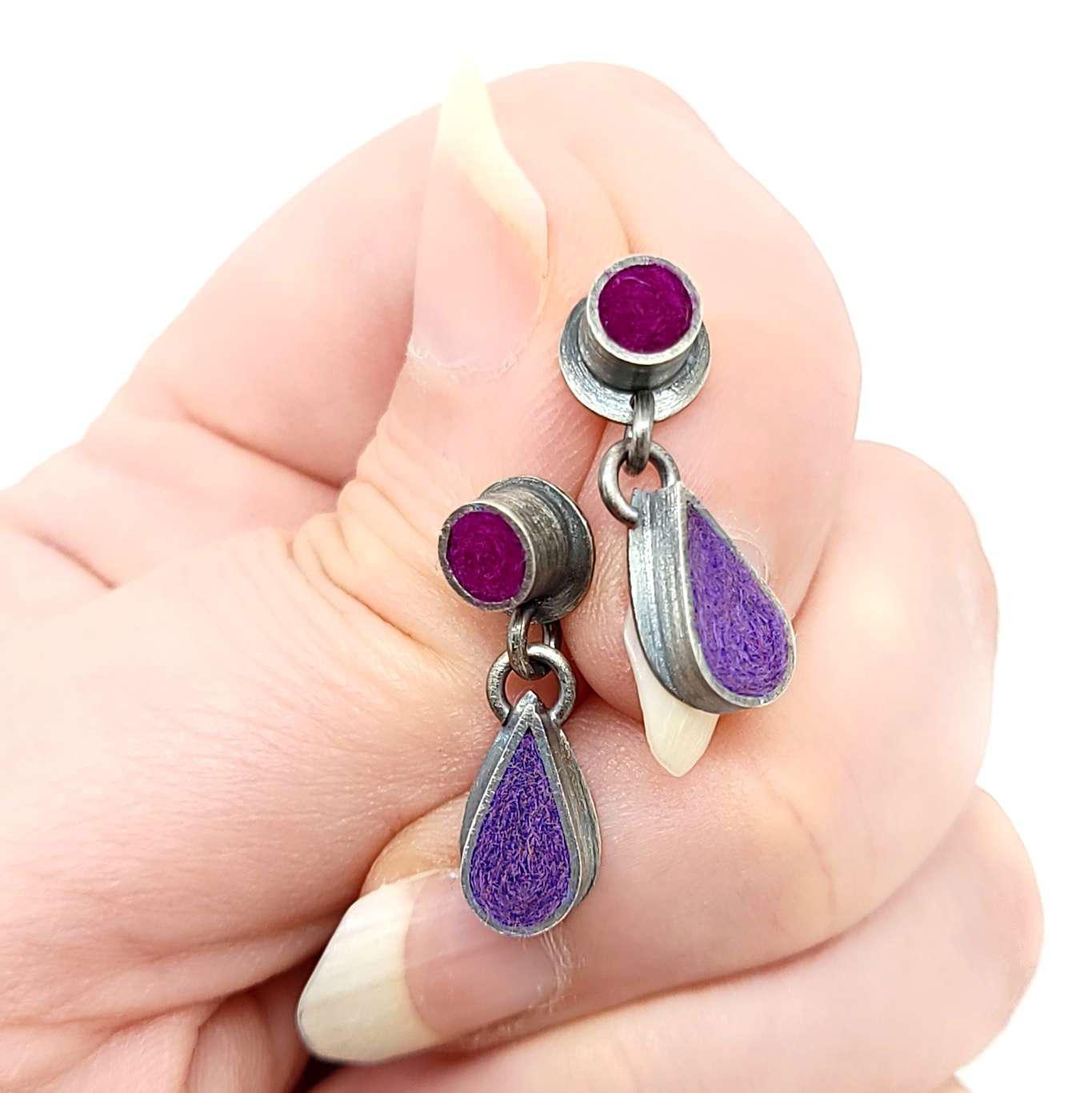 Earrings - Tiny Dot with Dangling Teardrop Posts in Grape and Raspberry by Michele A. Friedman