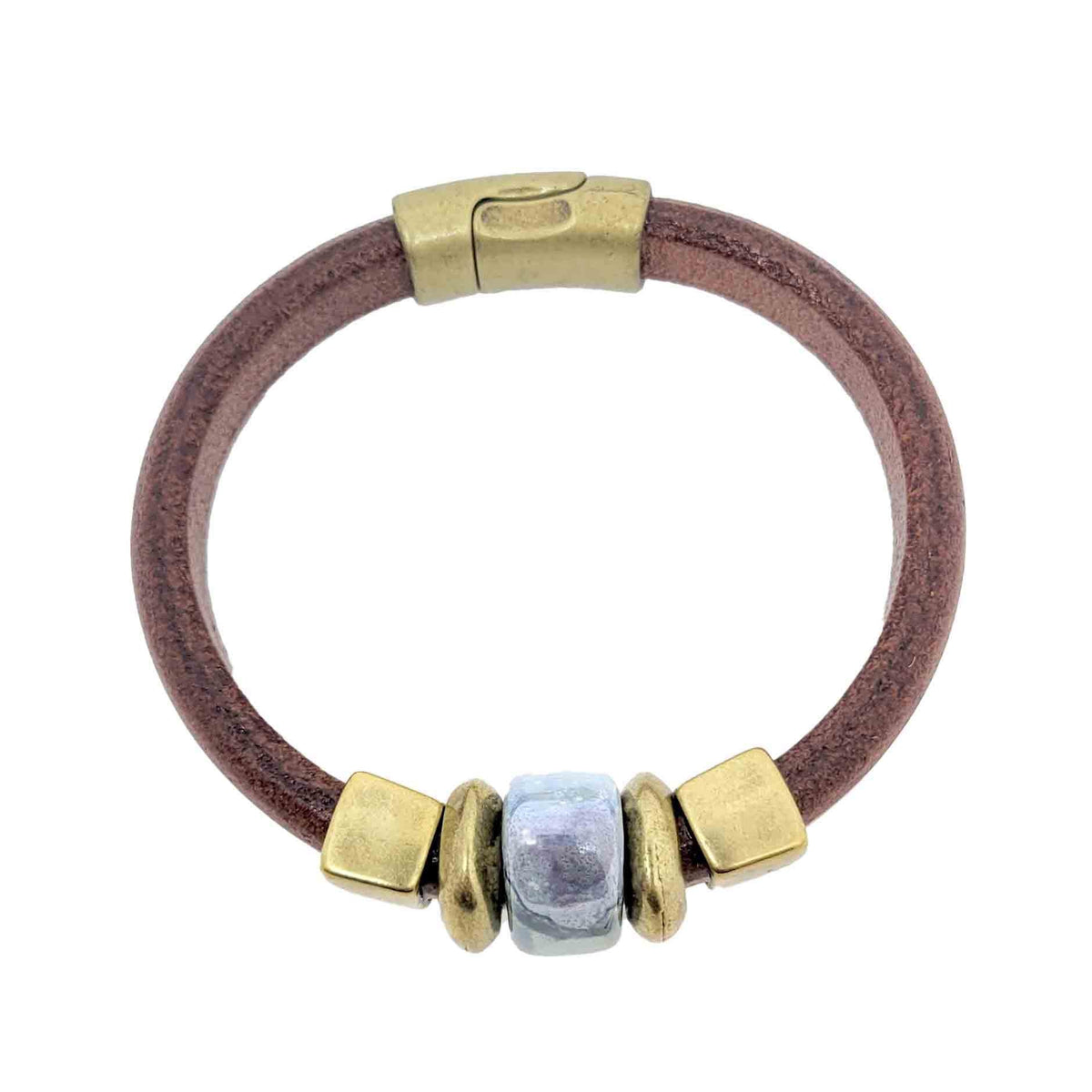 Bracelet - Iguana (Tobacco Leather, Brass, Ceramic) by Diana Kauffman Designs