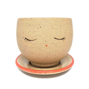 Planter - Peaceful Face (Red Saucer) by Jennifer Fujimoto