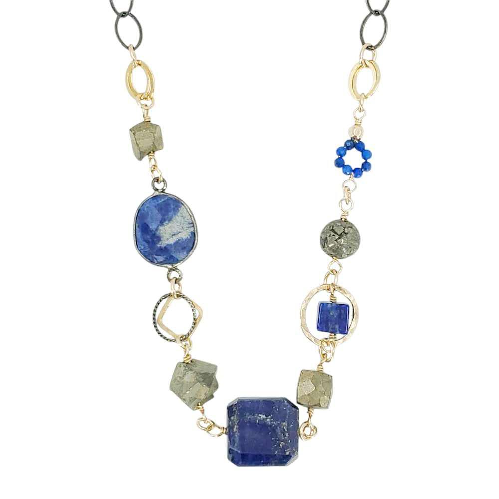 Necklace - Chunky Decorated Chain (Lapis Lazuli, Pyrite) by Calliope Jewelry