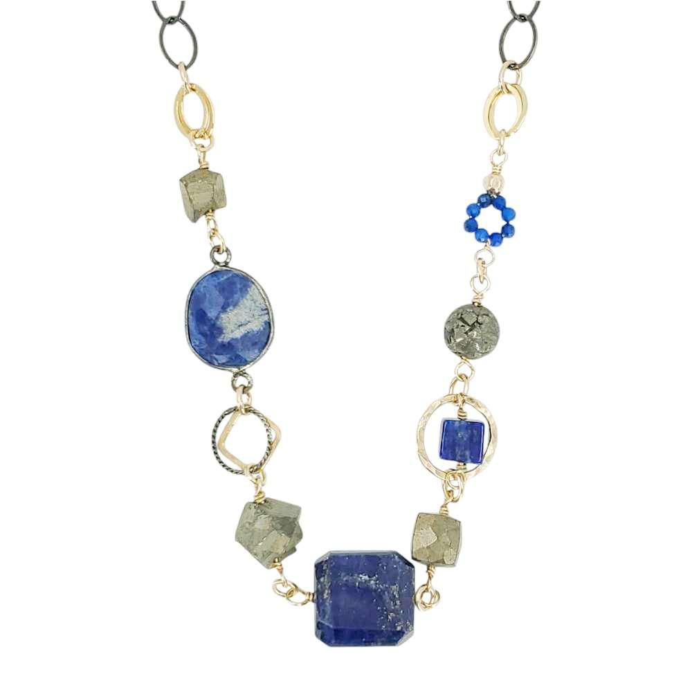 Necklace - Chunky Decorated Chain (Lapis Lazuli, Pyrite) by Calliope Jewelry