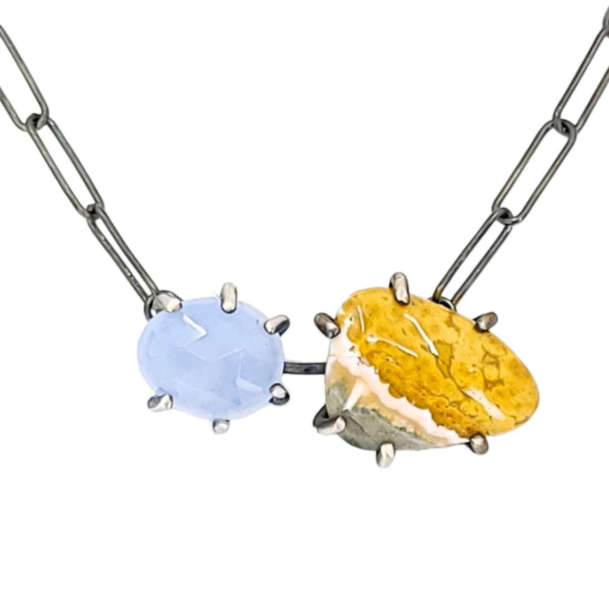 Necklace - Horizontal Duo (Ocean Jasper, Chalcedony) by Three Flames Silverworks