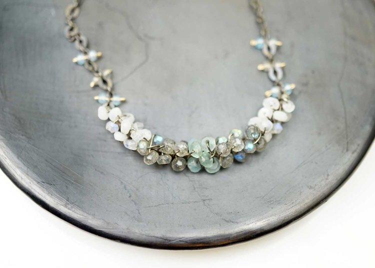 Necklace - Wrapped Bar with Chalcedony, Labradorite, and Rainbow Moonstone by Calliope Jewelry