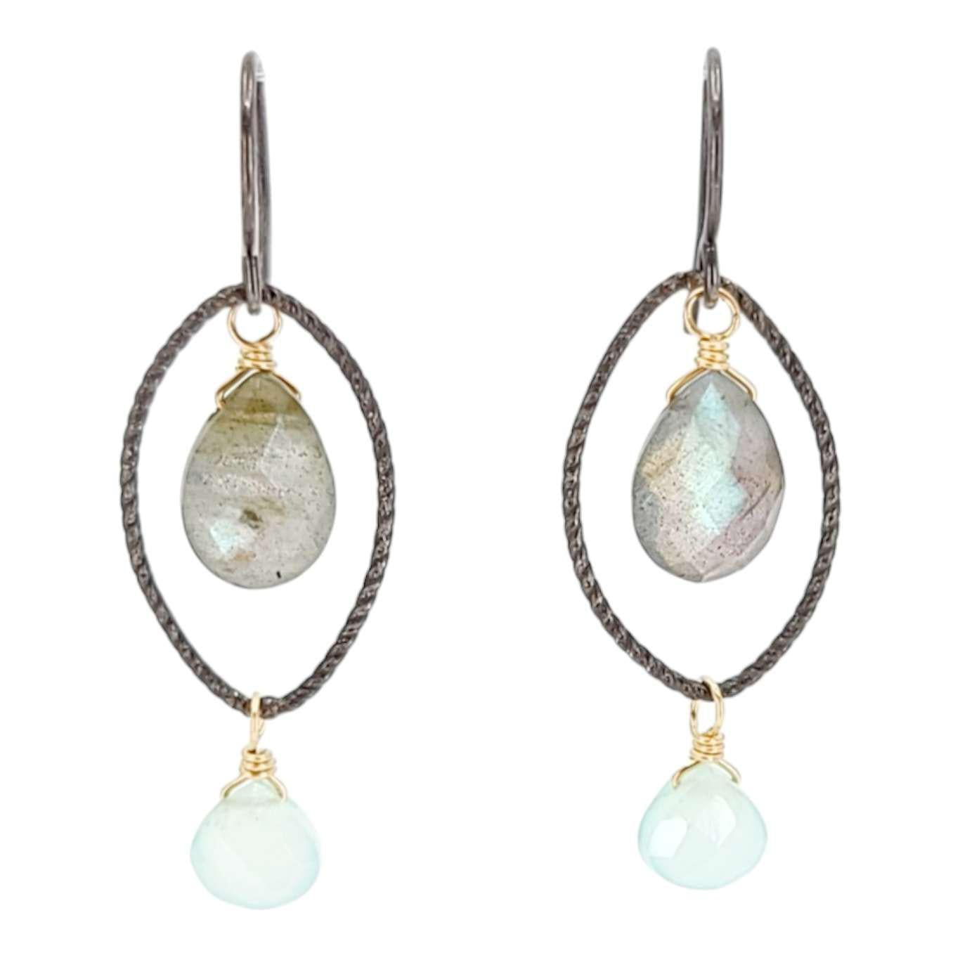 Earrings - Textured Oval with Floating Gem Dangles (Labradorite, Chalcedony) by Calliope Jewelry