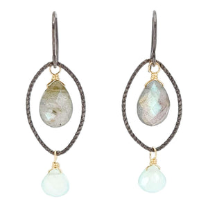 Earrings - Textured Oval with Floating Gem Dangles (Labradorite, Chalcedony) by Calliope Jewelry