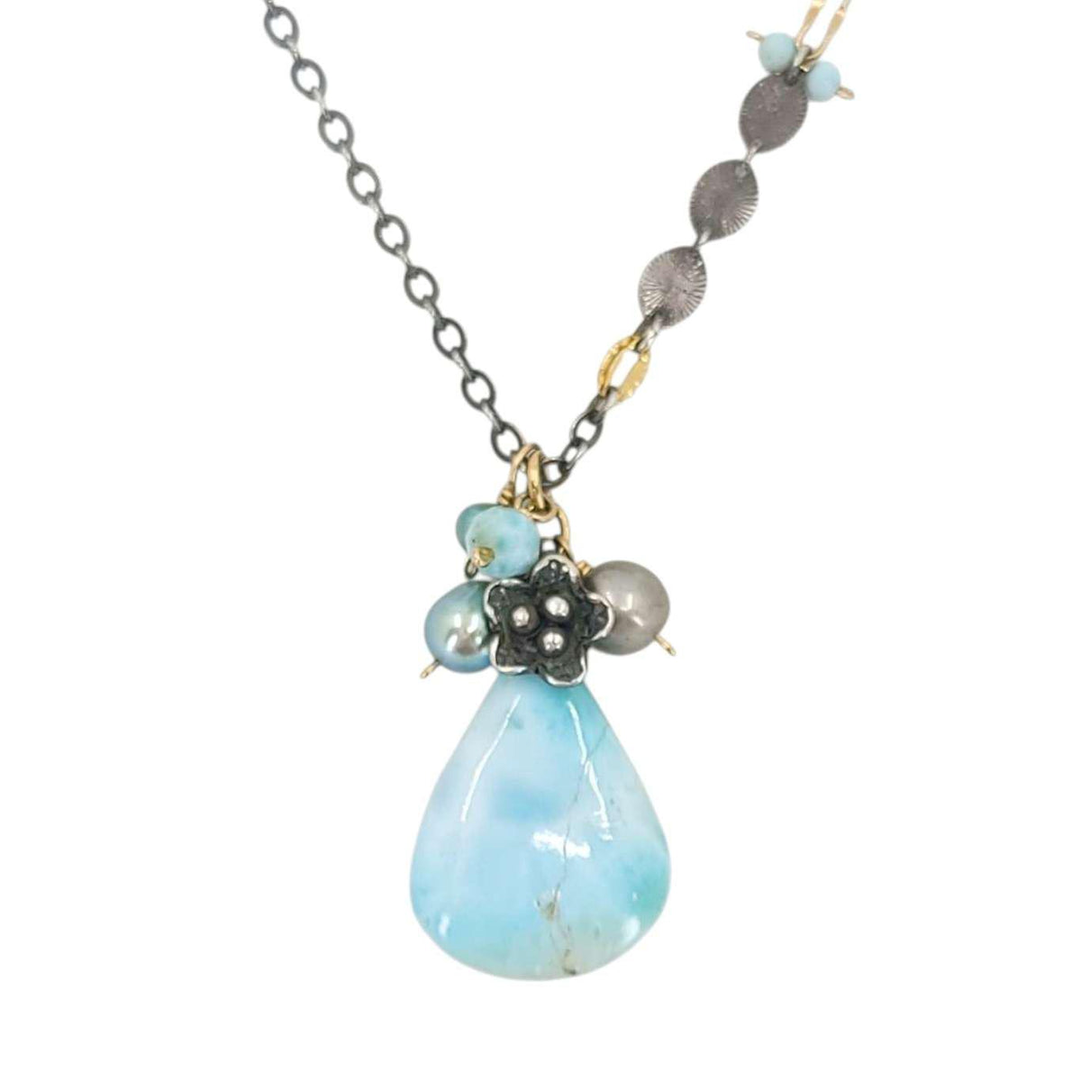 Necklace - Flower Cluster Large Gem Drop (Larimar, Pearl) by Calliope Jewelry