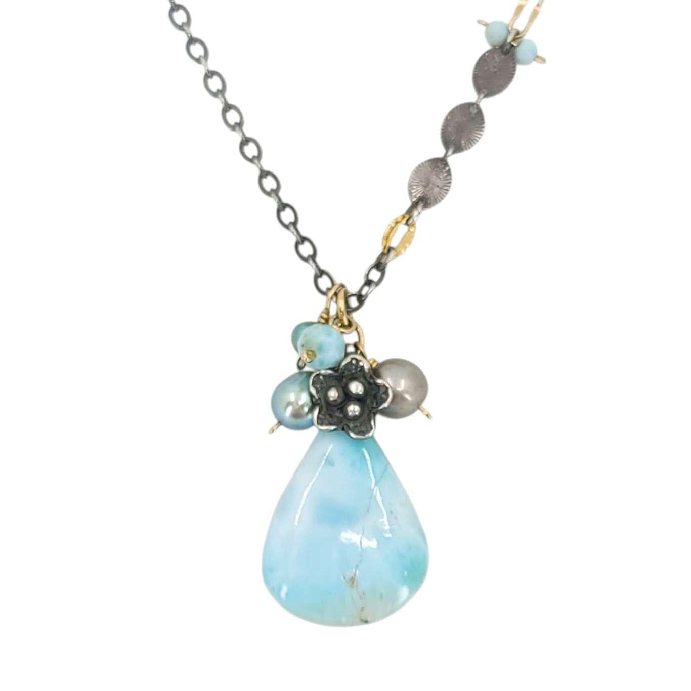 Necklace - Flower Cluster Large Gem Drop (Larimar, Pearl) by Calliope Jewelry