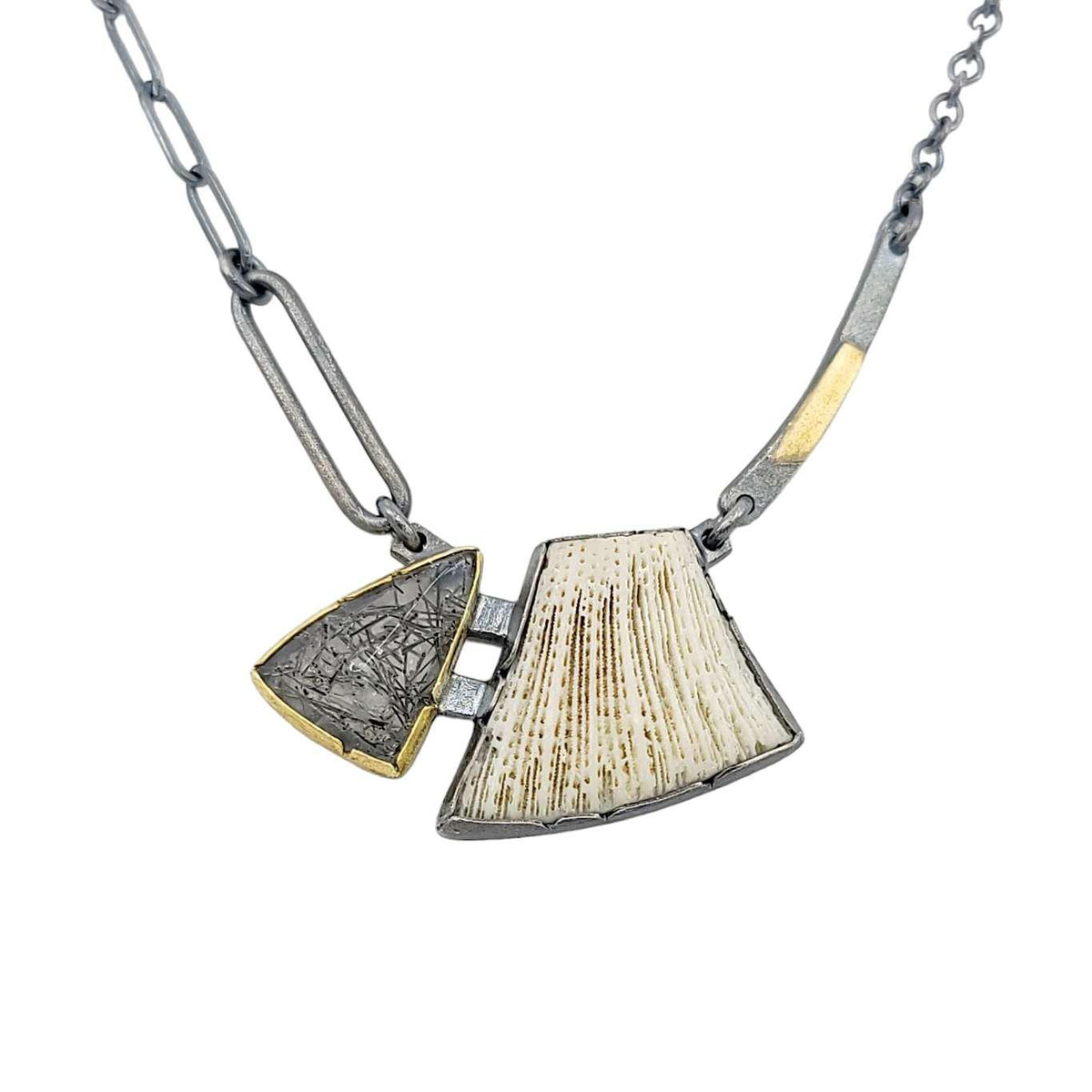 Necklace - Triangle Tourmalinated Quartz with Connected Coral Pendant by Janine DeCresenzo