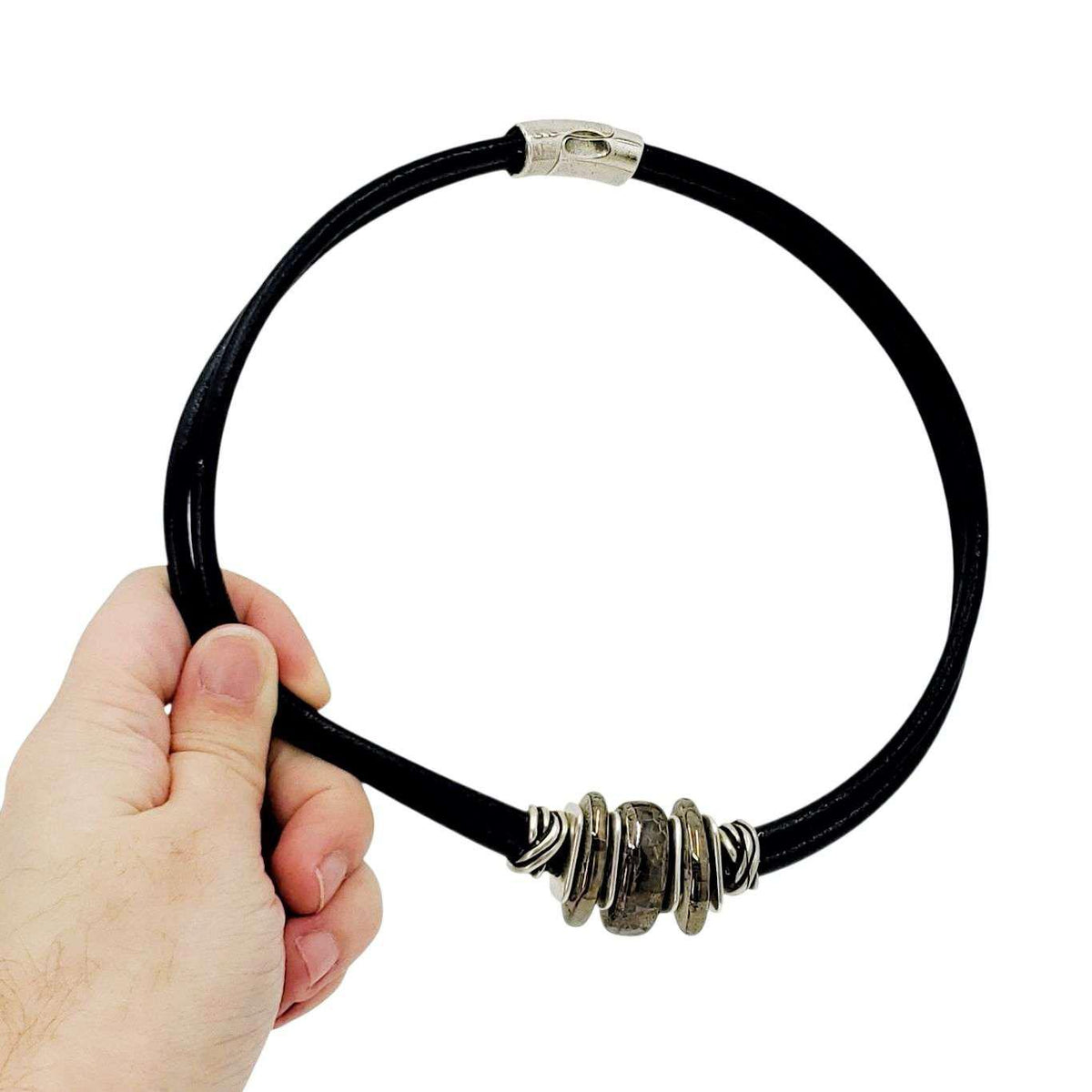 Necklace - Storm (Gray Ceramic, Black Leather, Silver) by Diana Kauffman