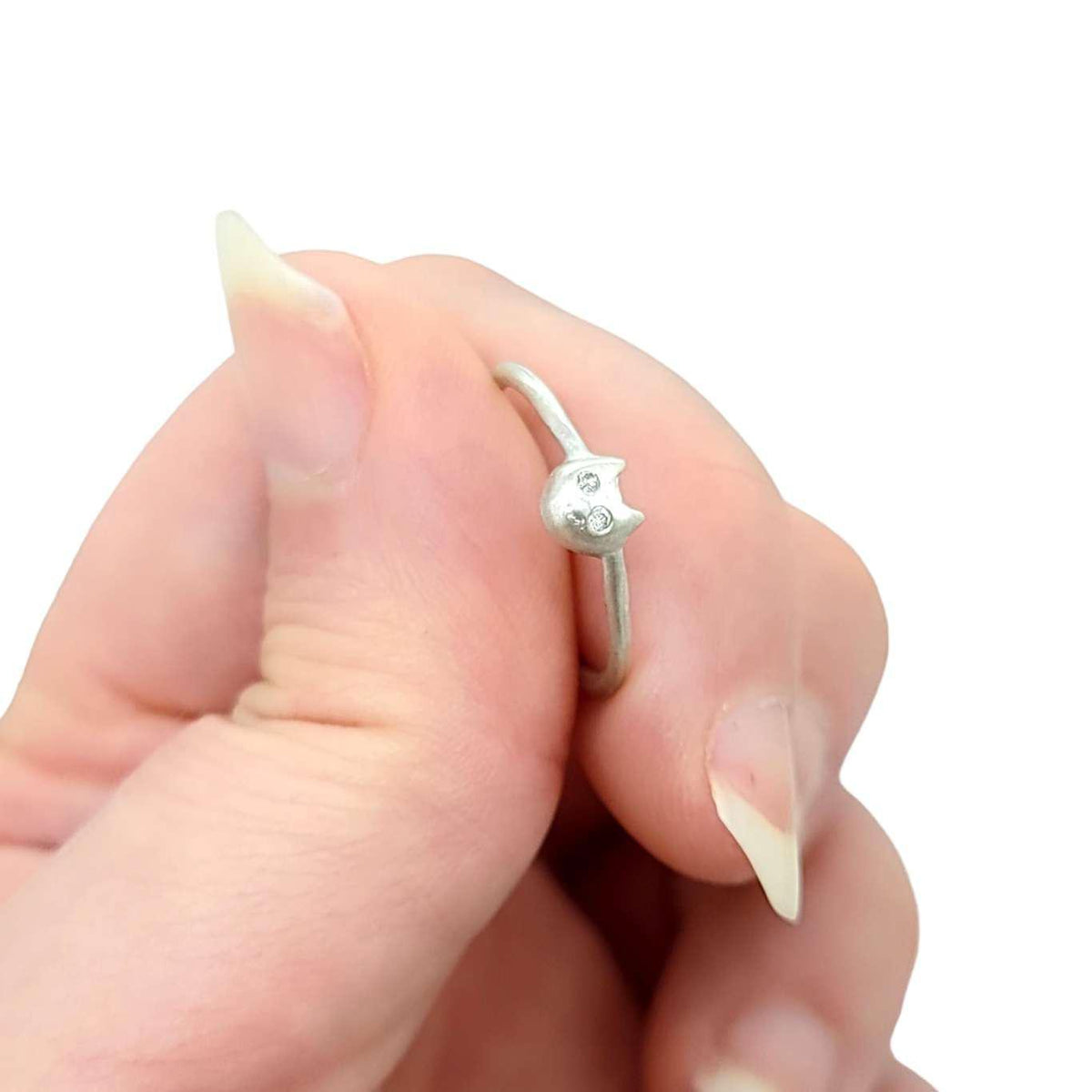 Ring - Diamond-Eyed Tiny Kitten Face in Sterling Silver by Michelle Chang