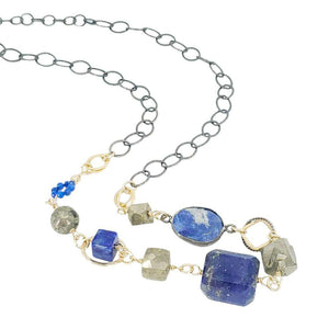 Necklace - Chunky Decorated Chain (Lapis Lazuli, Pyrite) by Calliope Jewelry